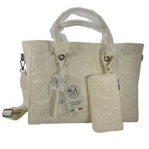 NWT Valentino Orlandi XL Cream Quilted Top Handle Tote Bag With Matching Pouch